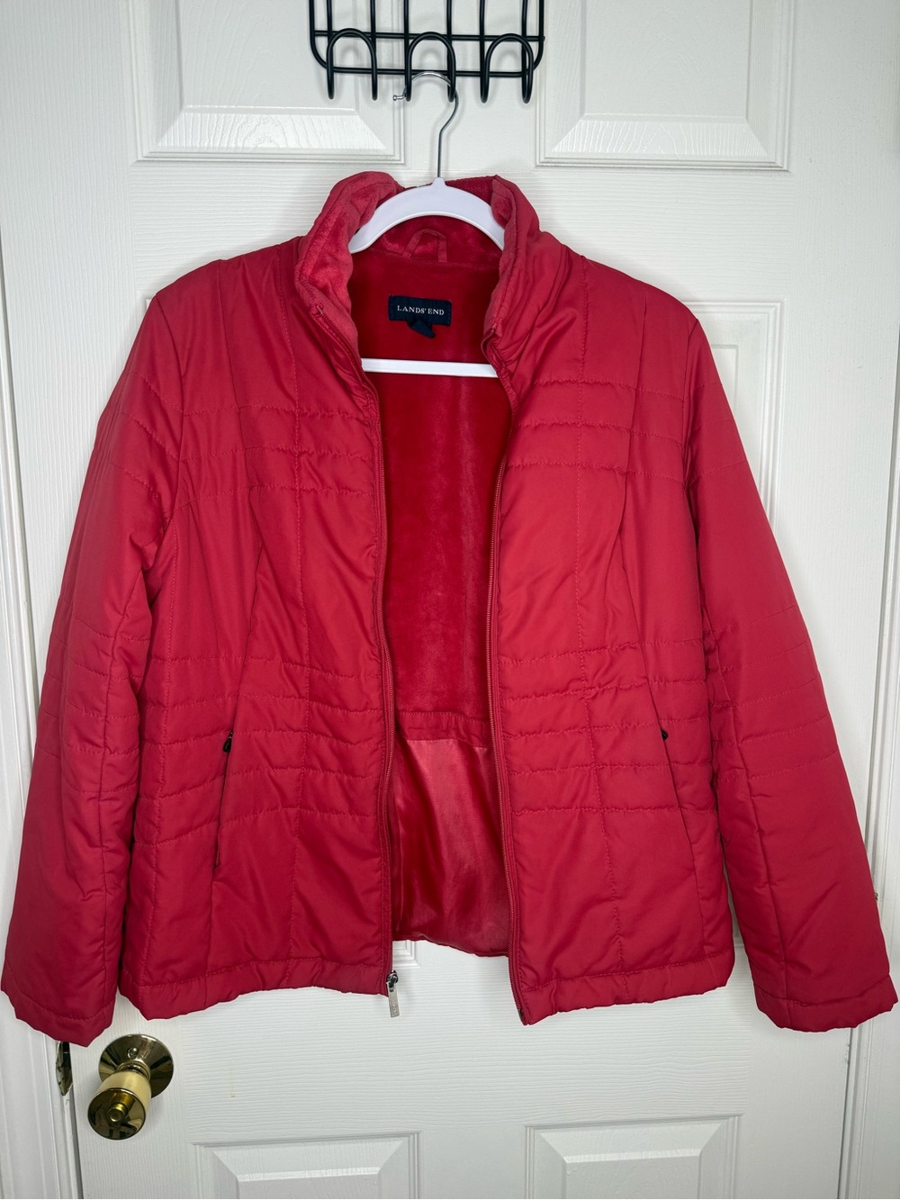 Lands’ End Red Quilted Puffer Jacket Size S/P 6-8 Fleece Lined